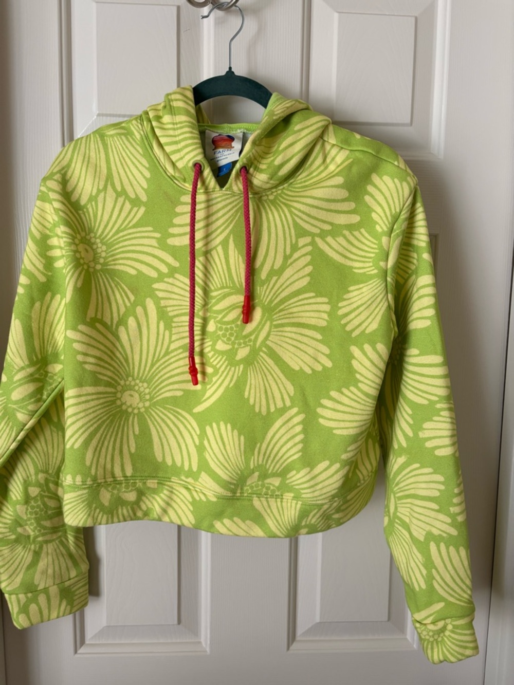 Anthropologie Lime Green Floral Hoodie with Pink Drawstrings